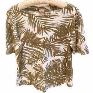 Chico’s Brown Palm Leaf on White Jersey Top